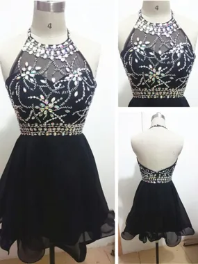 A Line Round Neck Backless Short Prom Dresses, Black Backless Homecoming Dresses, Short Black Backless Graduation Dress