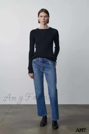 Amy Fashion - High Quality Fashion Retro Lady Straight-leg Spring and Autumn Simple Casual High Waist Denim Jean