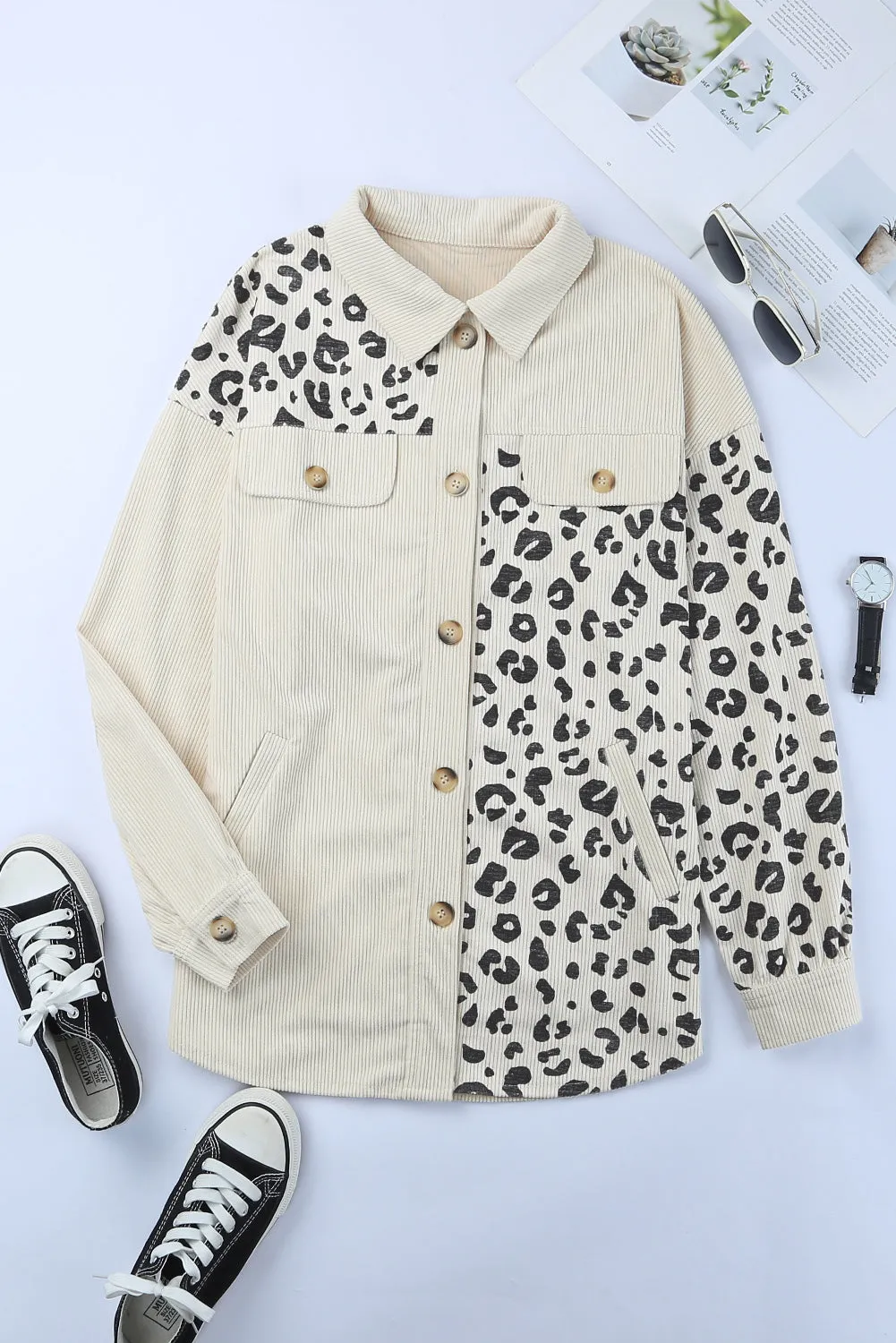 Beige Leopard Print Pocketed Corduroy Jacket