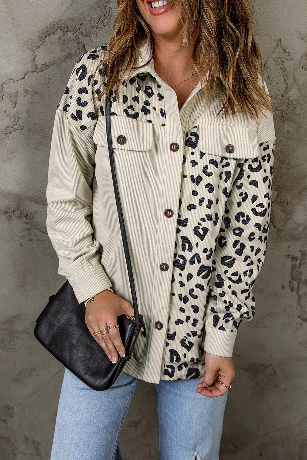 Beige Leopard Print Pocketed Corduroy Jacket