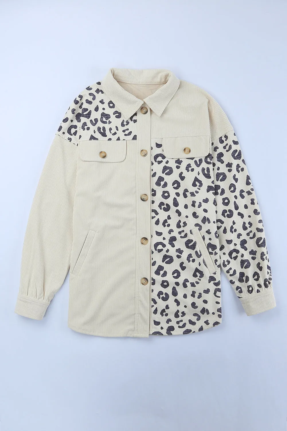 Beige Leopard Print Pocketed Corduroy Jacket