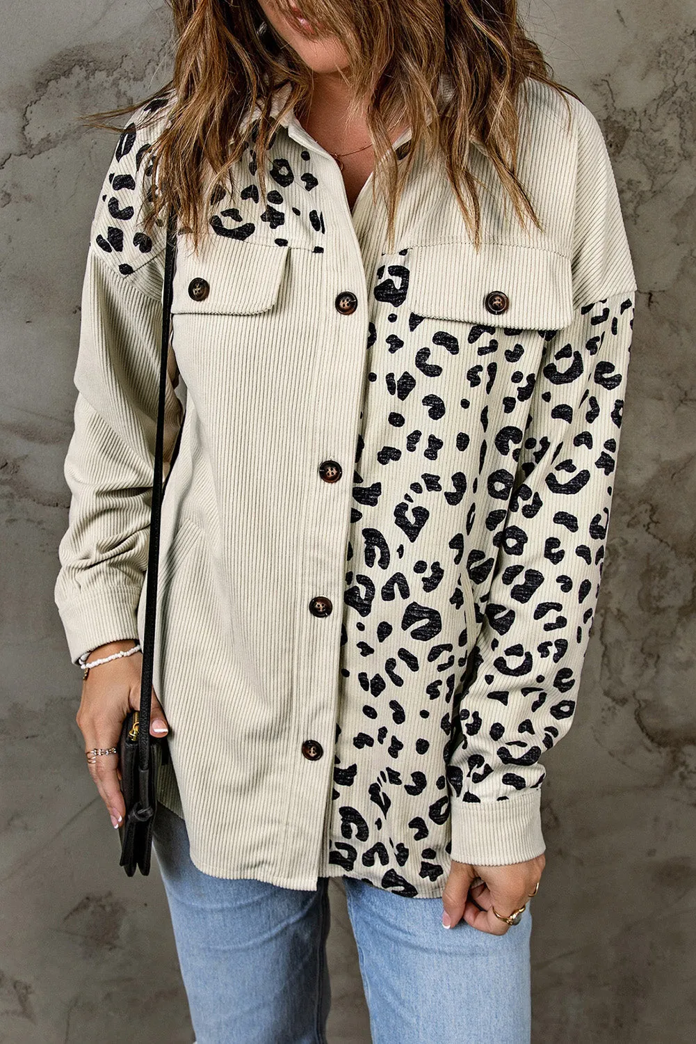 Beige Leopard Print Pocketed Corduroy Jacket