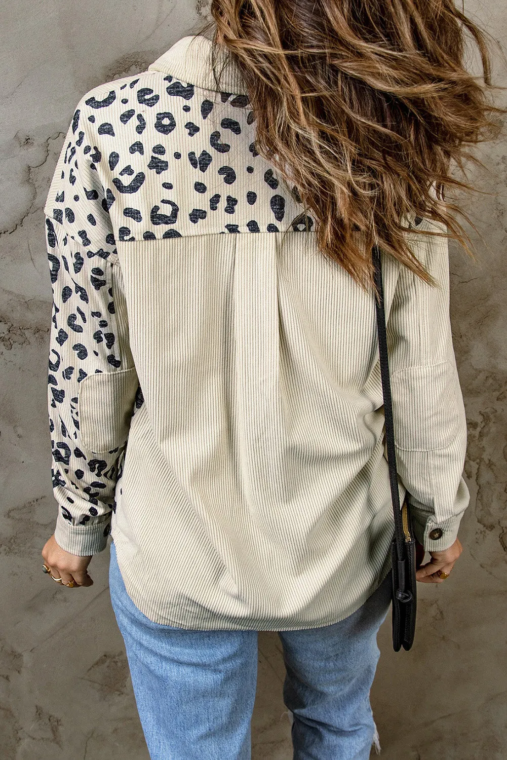 Beige Leopard Print Pocketed Corduroy Jacket