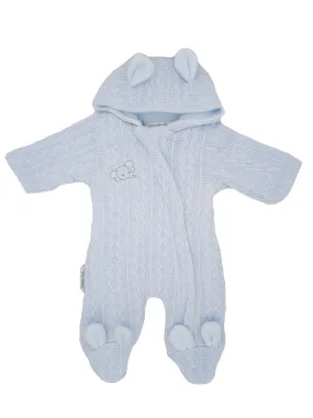 Tiny Baby Pramsuit With Bunny Ears - Blue, Knitted